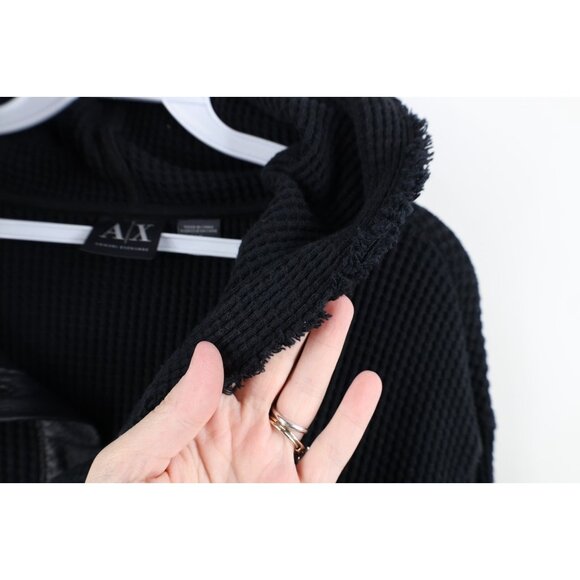 Armani Exchange Mens Large Spell Out Leather Trim Thermal Waffle Knit Hoodie - Picture 9 of 13